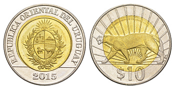 Уругвай 10 песо 2015 KM 134 биметалл UNC 4167-932