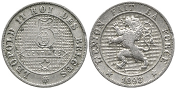 БЕЛЬГИЯ 5 САНТИМОВ 1898 BELGES KM 40.1 медно-никель 100-1113