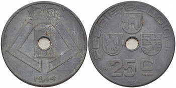 БЕЛЬГИЯ 25 САНТИМОВ 1944 BELGIE-BELGIQUE, ГЕРМАНСКАЯ ОККУПАЦИЯ, ВТОРАЯ МИРОВАЯ ВОЙНА KM 132 цинк 4529-1114