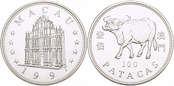 Макао 100 патака 1997 лунный календарь, год быка KM 84 серебро UNC 1085-9-32