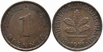 ФРГ 1 ПФЕННИГ 1971 D KM 105, J. 380 сталь плакированная медью 112-132