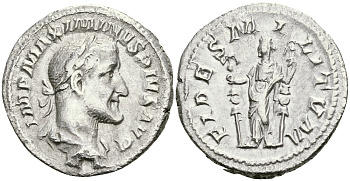 Римская Империя денарий 235 - 236 Максимин Фракиец FIDES MILITVM Фидея, персонификация Верности Рим Good Very fine RIC 7A серебро 00-00-00