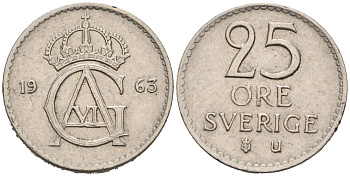 Швеция 25 эре 1963 Густав VI Адольф (1950-1973) KM 836 медно-никель 4564-754