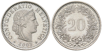 Швейцария 20 раппенов 2003 B KM 29a медно-никель UNC 218-332