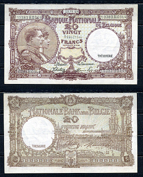 Бельгия 20 франков 1944 27.11.1944, Король Альберт I и его жена Королева Елизавета, Гран-Плас / Гроте Маркт, Брюссель Pick 111 (3) бумага 6301-9-2-2