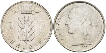 БЕЛЬГИЯ 1 ФРАНК 1978 BELGIE, БОДУЭН I (1951-1993) KM 143.1 медно-никель 213-356