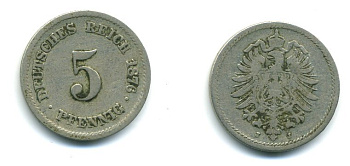 ГЕРМАНИЯ 5 ПФЕННИГОВ 1876 J, СТАРОГЕРБОВКА KM 3, J.3 медно-никель 54-358