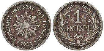 Уругвай 1 сентесимо 1901 KM 19 медно-никель 4169-555