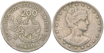 Бразилия 200 реалов 1901 MCMI, голова свободы вправо KM 504 медно-никель 4612-356