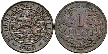 Нидерландские Антилы 1 цент 1952 Юлиана (1948-1980) KM 1 бронза 176-645