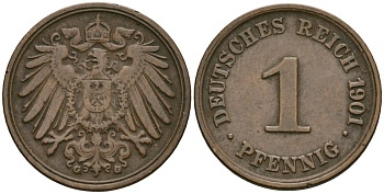 Германия 1 пфенниг 1901 G, Вильгельм II (1888-1918) KM 10, J. 10 медь 4608-225