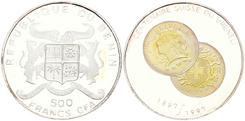 Бенин 500 франков 1997 100 лет Швейцарской Вренели UC 221 серебро PROOF 00-000-00