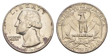 США 25 центов (квотер, 1/4 доллара) 1965 Вашингтон KM 164a медь плакированная медно-никелем 4638-411