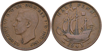 Великобритания 1/2 пенни 1943 Георг VI (1936-1952) KM 844, Spink 4115 бронза 4153-826