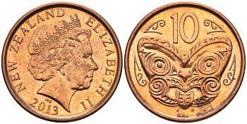 Новая Зеландия 10 центов 2013 маска Маори, Елизавета II (1952-) KM 117а сталь плакированная медью 106-923