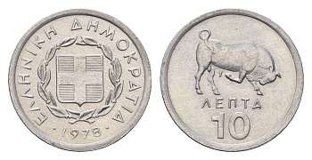Греция 10 лепт 1978 бык KM 113 алюминий UNC 4649-739