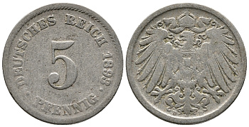 ГЕРМАНИЯ 5 ПФЕННИГОВ 1893 D KM 11, J. 12 медно-никель 39-651