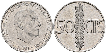 Испания 50 сентимо 1966 (73) Франсиско Франко (1939-1975) KM 795 алюминий 4398-757