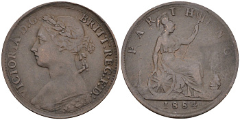 Великобритания 1 фартинг 1884 Виктория (1837-1901) KM 753, Spink 3958 бронза 4584-135