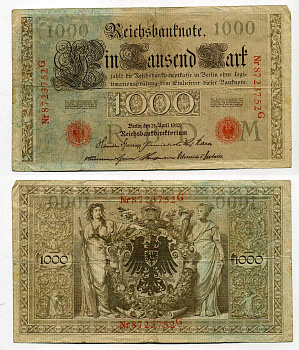 Германия 1000 марок 1910 красная печать, 7 значный номер Pick 44 b  бумага   8610-32-1-2