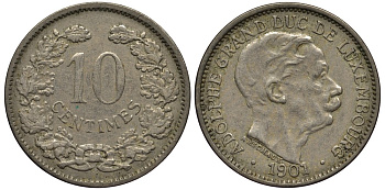 ЛЮКСЕМБУРГ 10 САНТИМОВ 1901 ВЕЛИКИЙ ГЕРЦОГ АДОЛЬФ (1890-1905) КМ 25 медно-никель 4538-721
