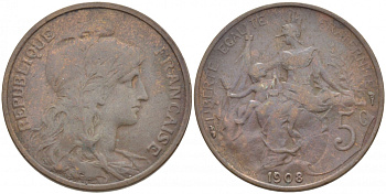 ФРАНЦИЯ 5 САНТИМОВ 1908 ТИП ДАНИЭЛЬ ДЮПЮИ KM 842, LE FRANC 119.19 бронза 4448-155