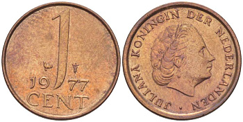 НИДЕРЛАНДЫ 1 ЦЕНТ 1977 КОРОЛЕВА ЮЛИАНА KM 180 бронза 3955-142