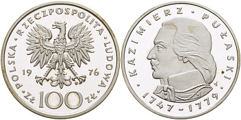 Польша 100 злотых 1976 MW, Казимир Пулавский (1747-1779) KM 84, Parchimowicz 275 серебро PROOF 1084-10-73