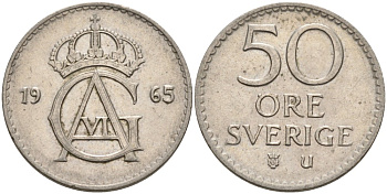 Швеция 50 эре 1965 U, Густав VI Адольф (1950-1973) KM 837 медно-никель 4379-1114