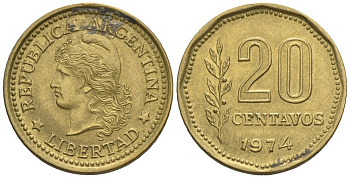 Аргентина 20 сентаво 1974 голова свободы влево KM 67, CJ 340.2, Schon 67 алюминиевая бронза    4609-1226