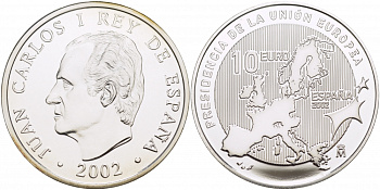 Испания 10 евро 2002 Председательство Испании в Евросоюзе, карта KM 1048 серебро PROOF 11-162-33