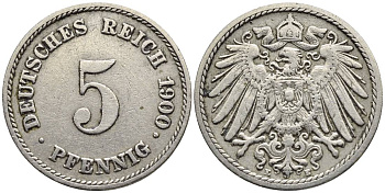 ГЕРМАНИЯ 5 ПФЕННИГОВ 1900 E KM 11, Jager 12, Weege 6 медно-никель 4547-412