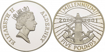 Олдерни 5 фунтов 2000 миллениум KM 26 серебро  PROOF  1078-1-14