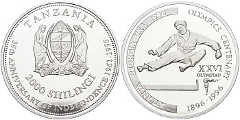 Танзания 2000 шиллингов 1996 XXVI Олимпийские игры 1996 года в Атланте, 100 лет Олимпийскому движению, карате, пробник, рубчатый гурт алюминий PROOF 06-158-11