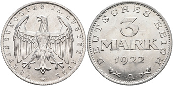 Германия 3 марки 1922 A, третья годовщина Веймарской Конституции KM 29, J.303 алюминий UNC 4587-144
