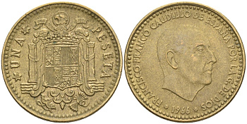 Испания 1 песета 1966 (67) Франсиско Франко (1939-1975) KM 796 алюминиевая бронза 4604-344