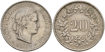Швейцария 20 раппенов 1961 B KM 29a медно-никель 4187-551
