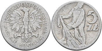Польша 5 злотых 1959 MW, рыбак KM 47 алюминий 4572-714