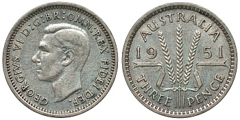 Австралия 3 пенса 1951 m, Георг VI (1937-1952), без букв KM 44 серебро 71-267