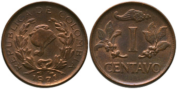 Колумбия 1 сентаво 1971 KM 205a, Schon 25a, Hernandez 336, Restrepo 352 сталь плакированная бронзой 4576-1169