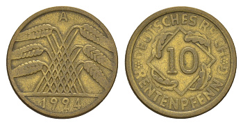 Германия 10 рентенпфеннигов 1924 A KM 33, J. 309 алюминиевая бронза 4615-241