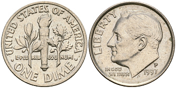 США 1 дайм - 10 центов 1997 P, Рузвельт KM 195а медь плакированная медно-никелем    4608-644