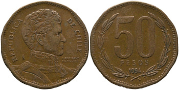 Чили 50 песо 1994 So KM 219.2, Schon 70 алюминиевая бронза 4544-314