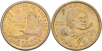 США 1 доллар 2000 Р, индианка Сакагавея KM 310 медь с марганцево-латунным покрытием 63-1152