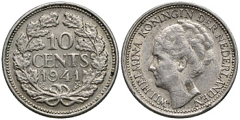 Нидерланды 10 центов 1941 Вильгельмина I (1890-1948) КМ 163 серебро 4549-1049