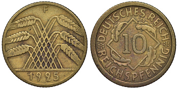 Германия 10 рейхспфеннигов 1925 F KM 40, J. 317 алюминиевая бронза 4121-914