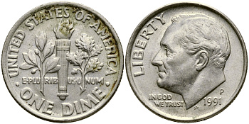 США 10 ЦЕНТОВ = 1 ДАЙМ 1991 P, РУЗВЕЛЬТ KM 195а медь плакированная медно-никелем 46-2228