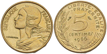 ФРАНЦИЯ 5 САНТИМОВ 1966 ТИП MARIANNE KM 933, LE FRANC 125.2 алюминиевая бронза 201-351