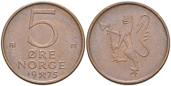 Норвегия 5 эре 1975 Улаф V (1958-1991) KM 415 бронза 187-744