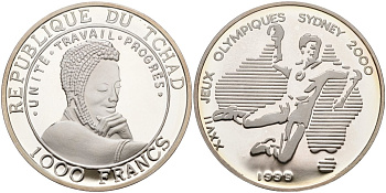 Чад 1000 франков 1999 XXVII олимпийские игры в Сиднее, гандбол серебро PROOF 00-00